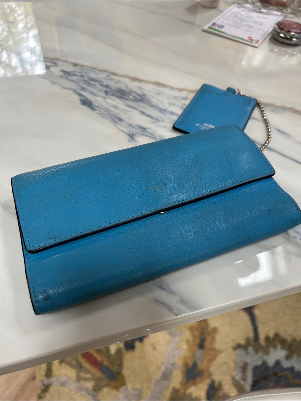 Coach Bright Blue Leather Fold Wallet with ID Tag